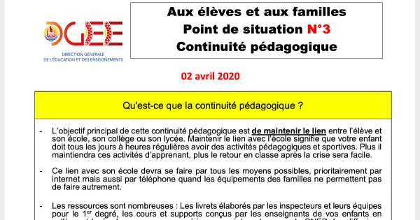 Point de situation n°3 COVID/Continuité pédagogique/pour élèves et  familles