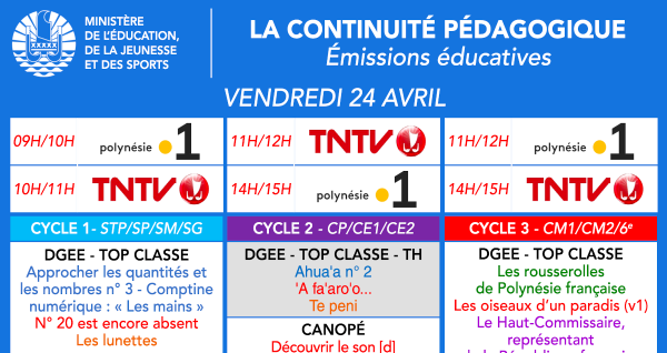 Programmes des émissions éducatives du 24/04 sur les chaînes TV locales