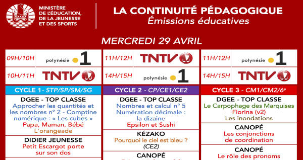 Programmes des émissions éducatives du 28 au 30/04 sur les chaînes TV locales