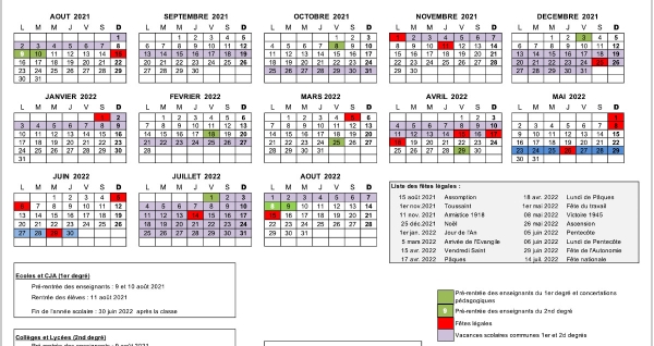Calendrier scolaire 2021/2022