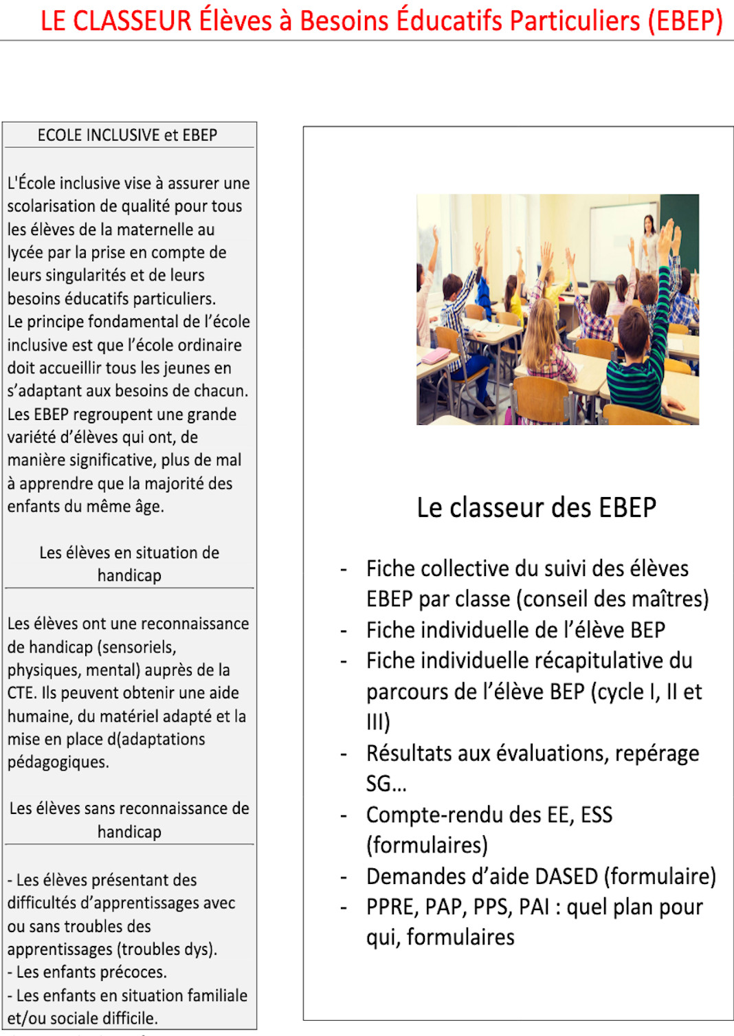 Fiche outil Le classeur Élèves à Besoins Éducatifs Particuliers (EBEP)