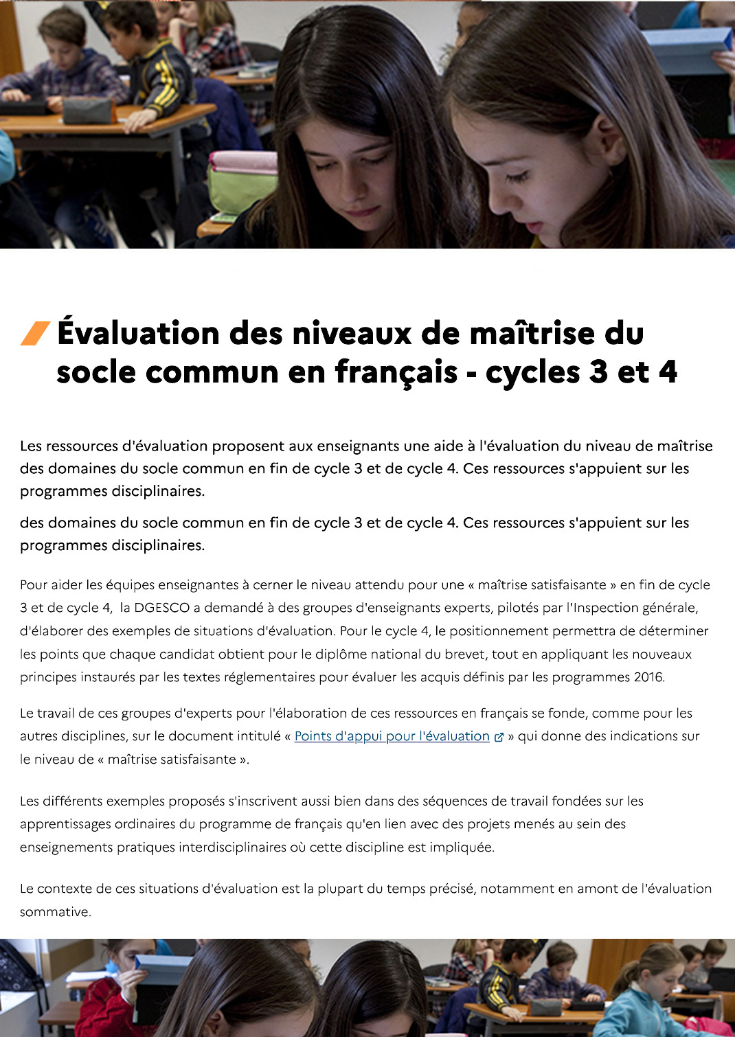 Évaluation des niveaux de maîtrise du socle commun en français - cycles 3 et 4