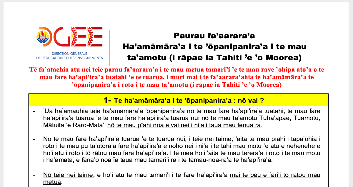 Point de situation sur l'allègement du confinement dans les archipels hors Tahiti-Moorea - Version en reo Tahiti