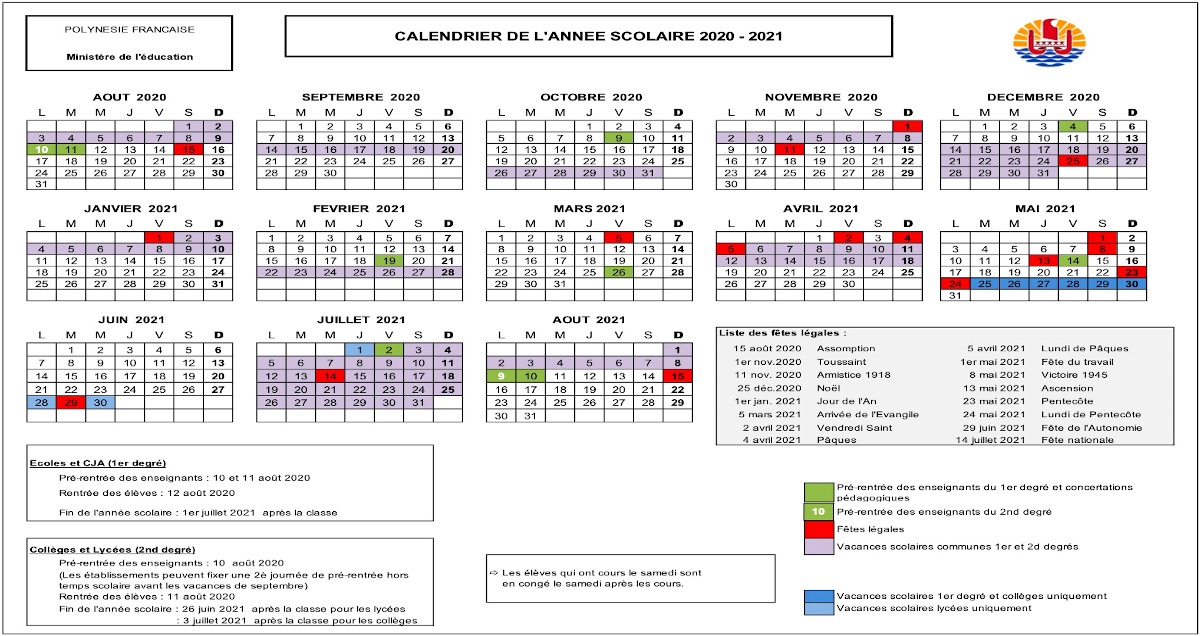 Le calendrier scolaire 2020/2021